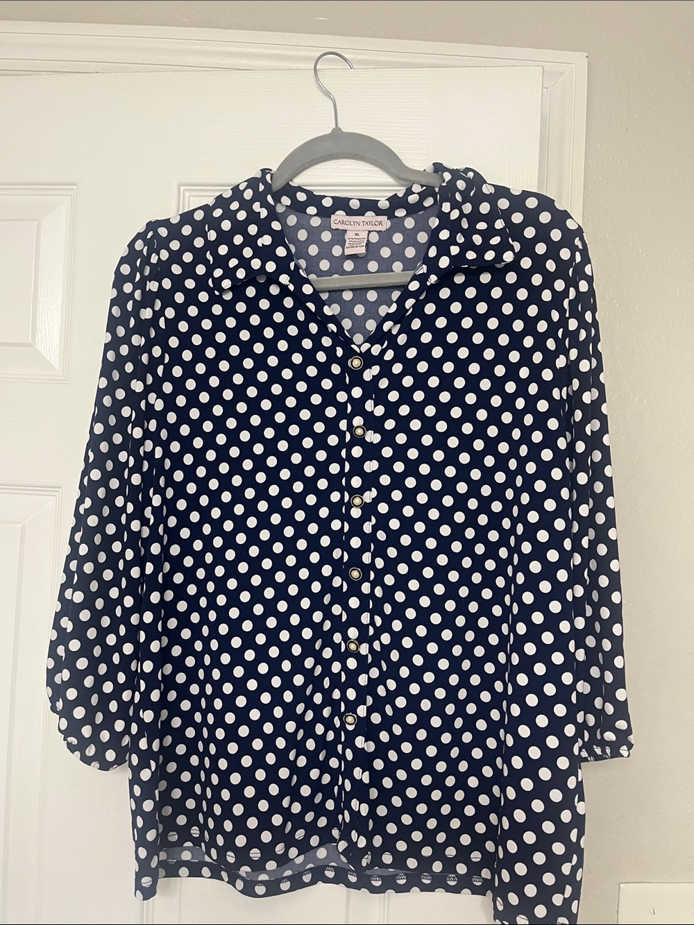 Carolyn Taylor Navy and White Polka Dot Button-Down Shirt